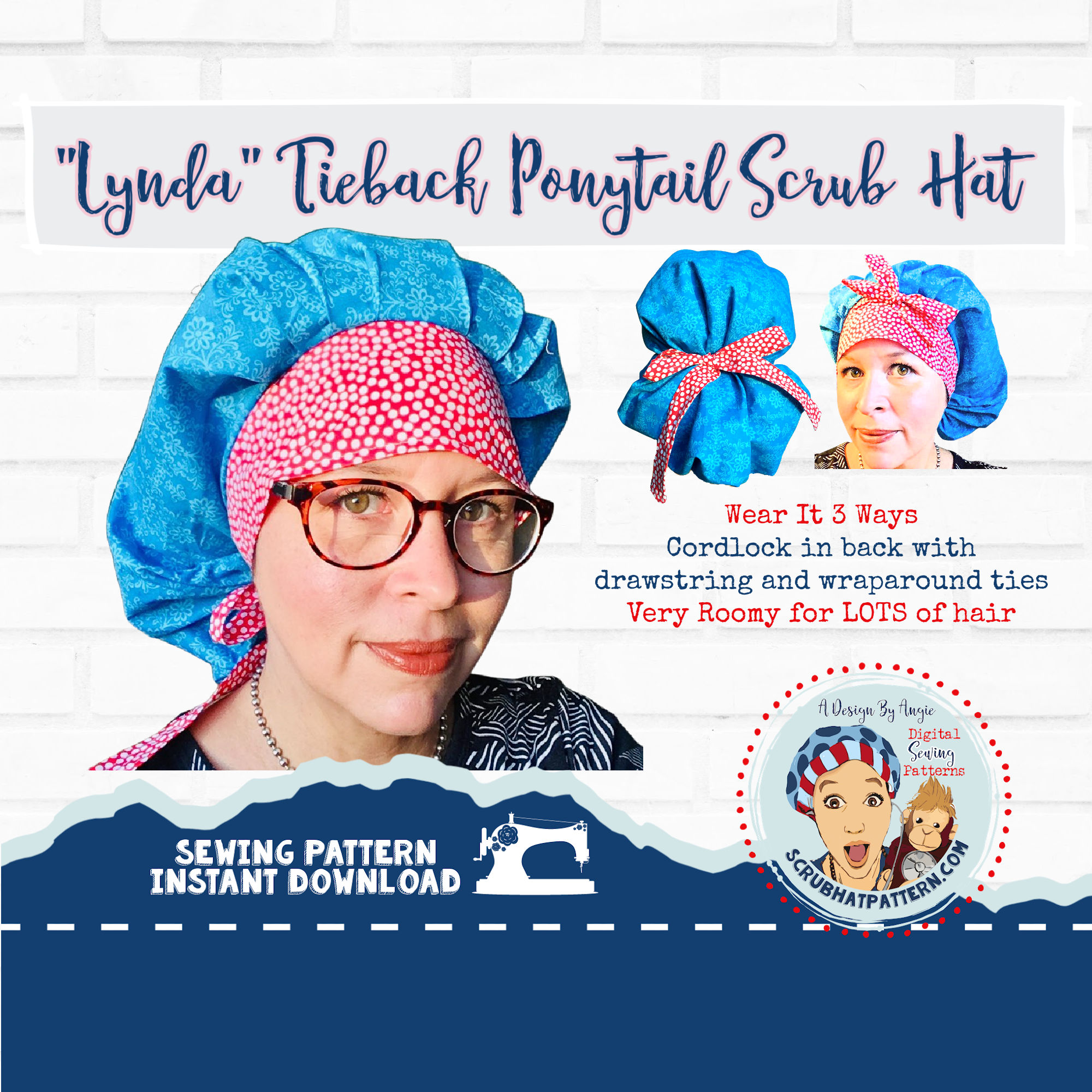 Lynda Bow Front PonyTail Scrub hat Sewing Pattern
